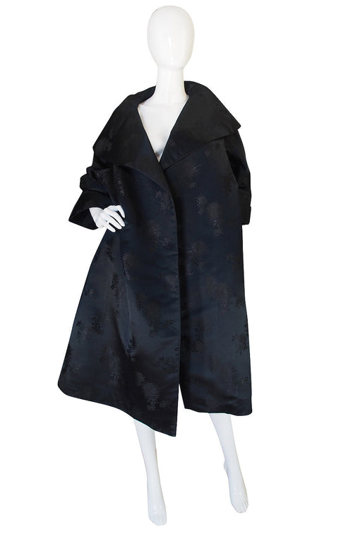 Dramatic 1950s Woven Floral Black Silk Opera Coat