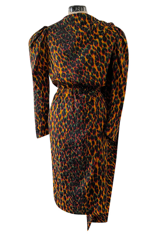 Iconic Fall 1982 Ady Couture Lausanne for Yves Saint Laurent Silk Leopard Print Dress w Draped Panel