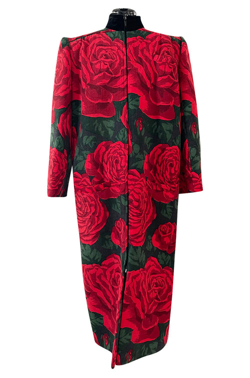 Fall 1985 Valentino Runway Felted Wool & Velvet Trim Over-sized Coat w Huge Rose Print Coat