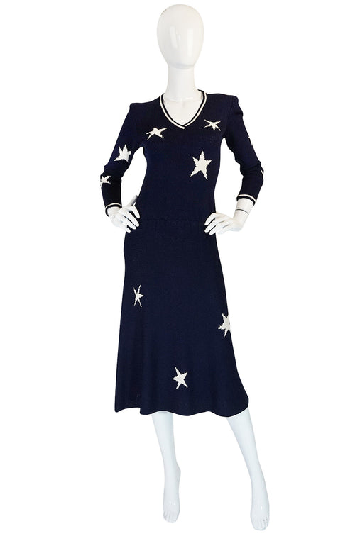 1970s Deep Navy Blue & White Star Print Adolfo Knit Dress