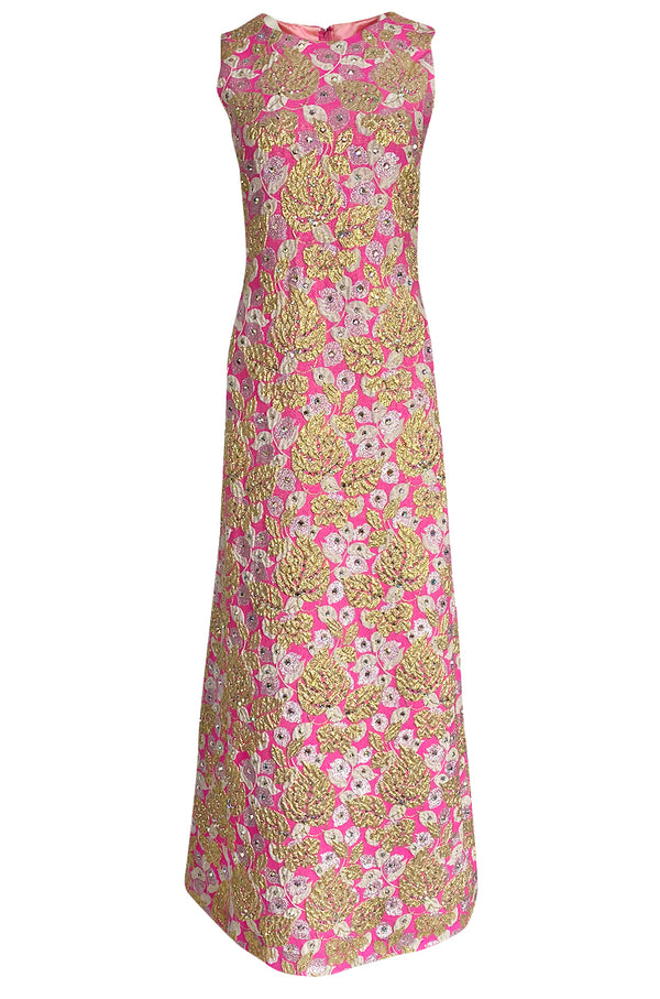 1960s Kiki Hart Silver, Gold & Pink Silk Brocade Dress w Rhinestone Detailing