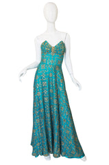 1970s Turquoise & Gold Sequin Silk Gown