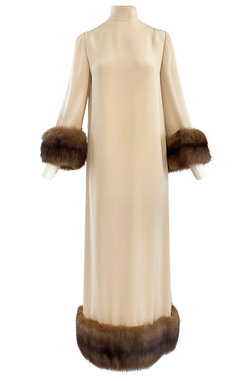 Fall 1966 Norman Norell Couture Ivory Silk Crepe Dress w Natural Mink Cuffs & Hem Detailing