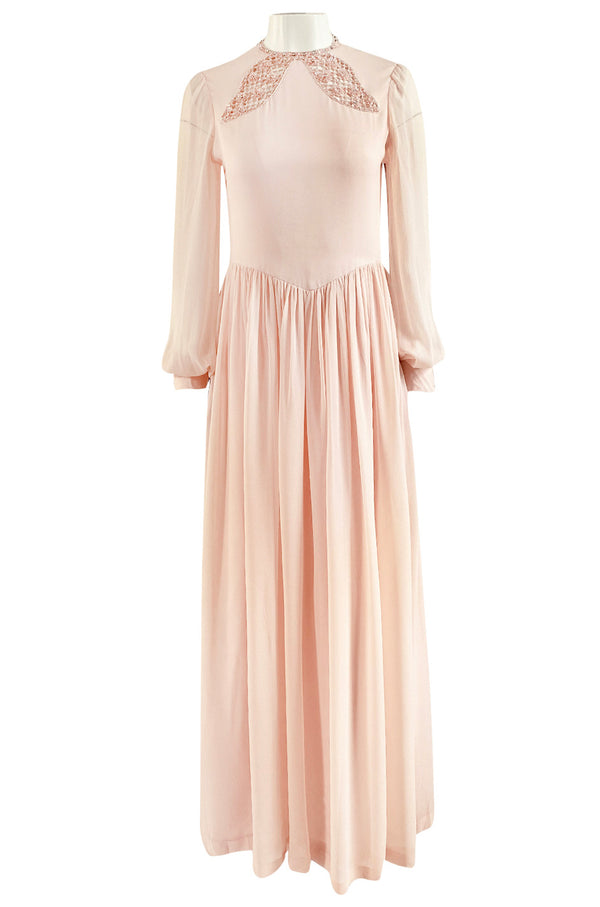 1960s Tiziani by Karl Lagerfeld Couture Blush Silk Chiffon & Sequin Dress