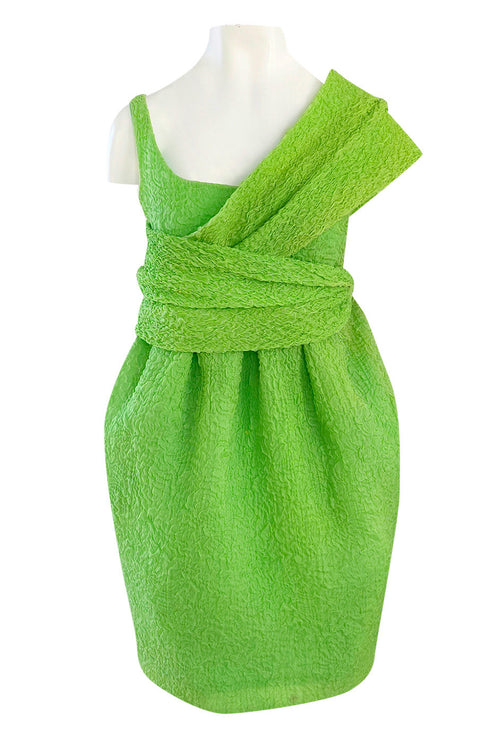 Spring 1988 Christian Lacroix Luxe Label Demi-Couture Lime Green Puff Silk Dress W Changeable Panel