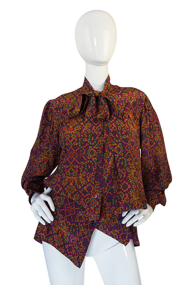 1970s Yves Saint Laurent Classic Silk Print Top