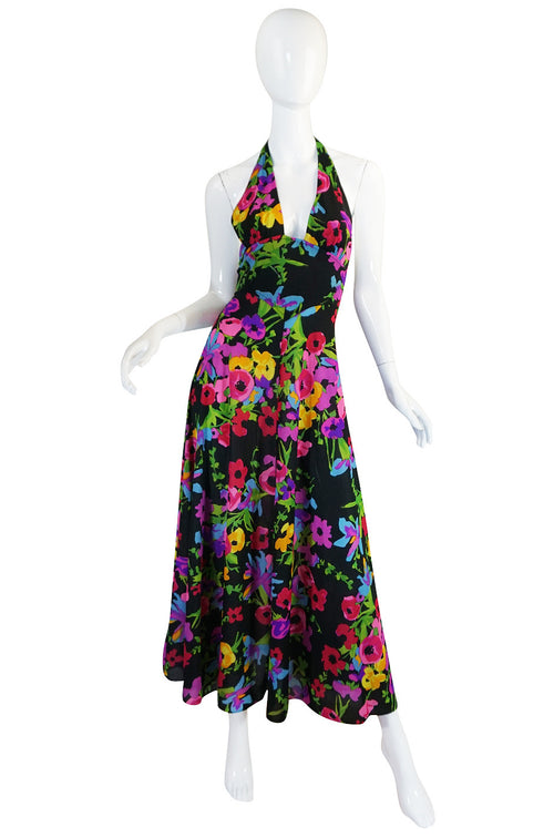 1970s Miss Dior Plunging Bright Floral Print Halter Dress