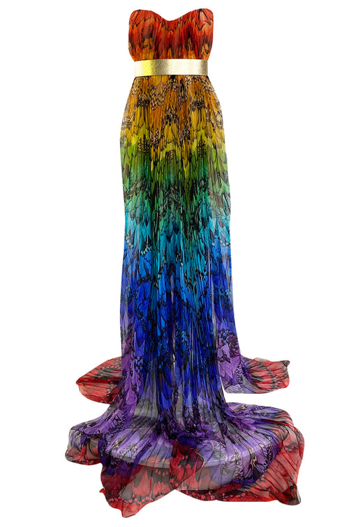 Spring 2008 Alexander McQueen Iconic Strapless Silk Chiffon Butterfly Rainbow Dress w Belt