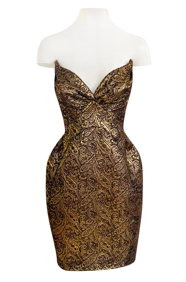 Documented Fall 1997 Thierry Mugler Gold Bronze Brocade Strapless Dress w Formed Pointed Cups