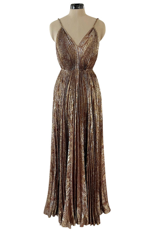 Incredible Spring 1977 Jean Patou by Angelo Tarlazzi Plunging Bronze Silk Lame Metallic Pleat Dress