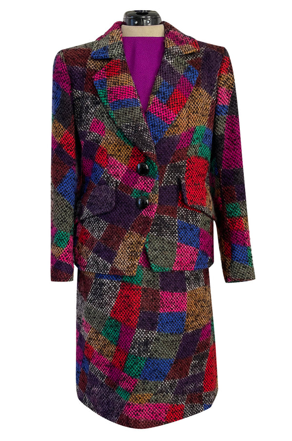 Fall 1991 Ady Couture Lausanne Yves Saint Laurent Haute Couture Copy Wool Patchwork Suit w Silk Top