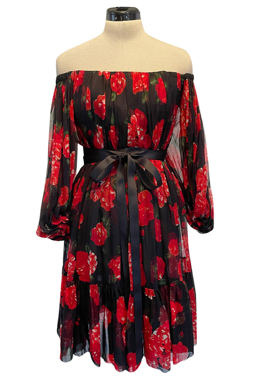 Documented Fall 1994 Yves Saint Laurent Silk Chiffon Off Shoulder Dress w Bold Red Rose Print