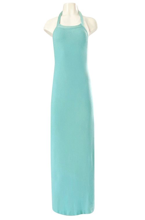 Important 1974 Halston Turquoise Cashmere Extremely Low Back Halter Dress