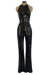 1980s OMO Norma Kamali Black Sequin Stretch Jumpsuit w Blue Sequin Pattern at the Back