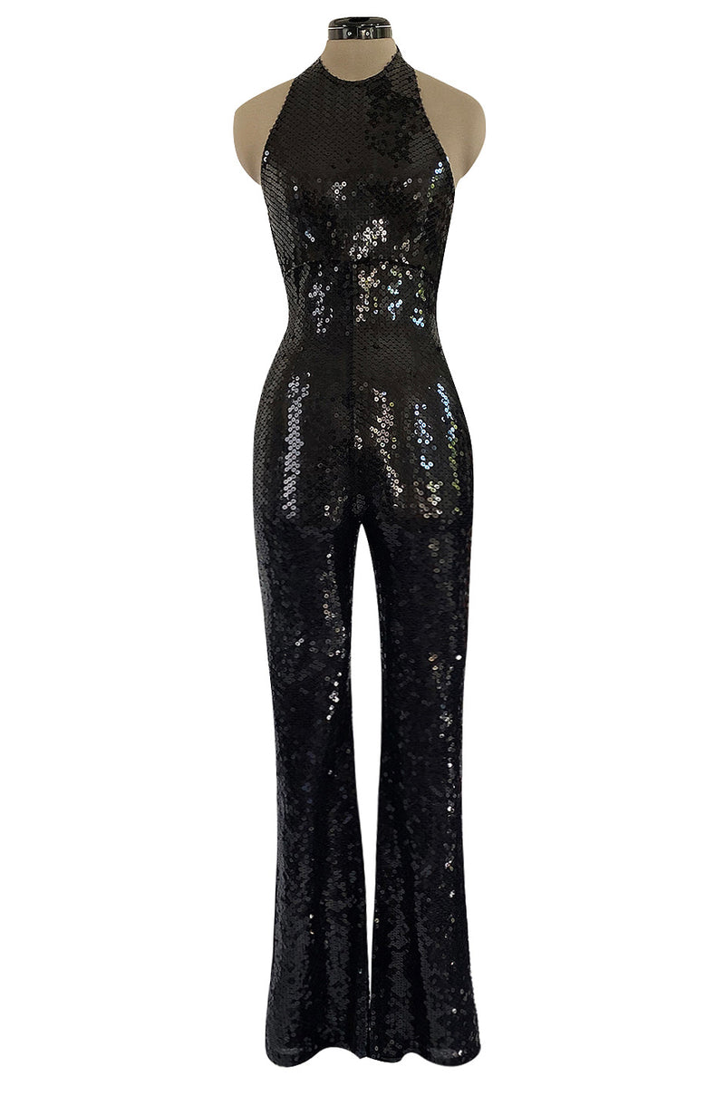 1980s OMO Norma Kamali Black Sequin Stretch Jumpsuit w Blue Sequin Pattern at the Back