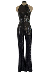 1980s OMO Norma Kamali Black Sequin Stretch Jumpsuit w Blue Sequin Pattern at the Back