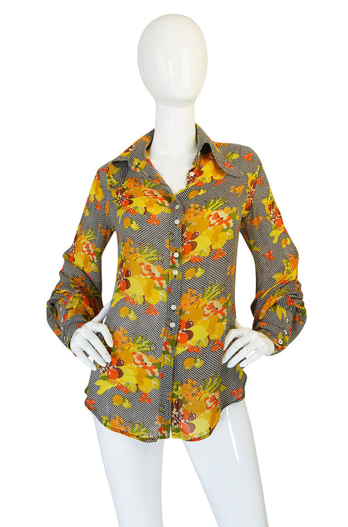 1970s Jeff Banks Lemon and Grape Print Silk Top