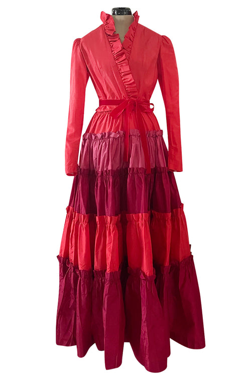 Fall 1973 Louis Mies Possible Yves Saint Laurent Haute Couture Pink & Red Tiered Silk Dress