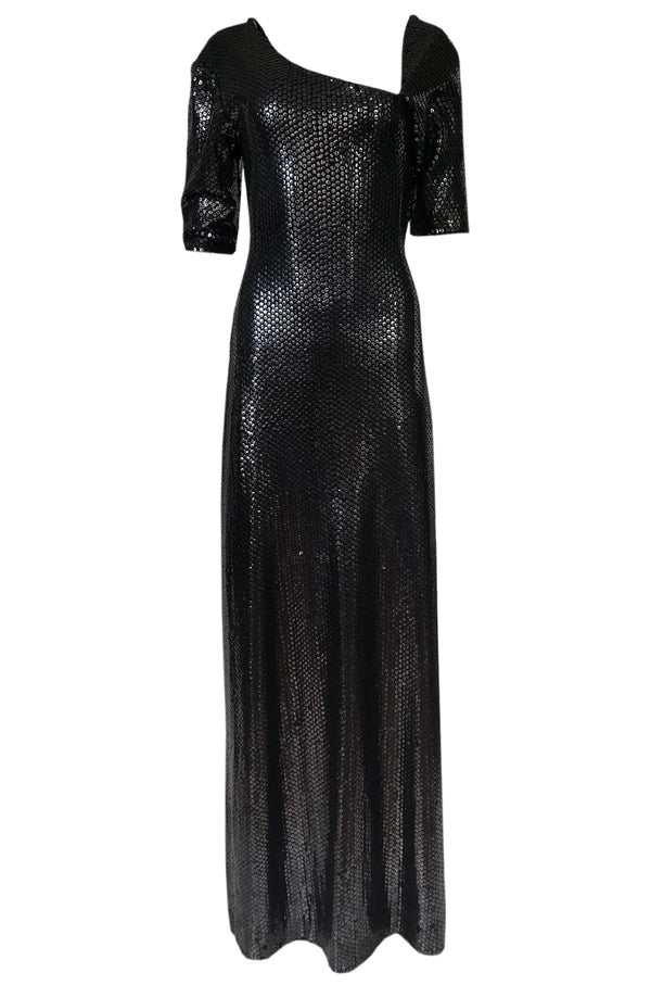 Iconic 1976 Halston Glossy Gunmetal Black Sequin Asymmetrical Full Length Dress