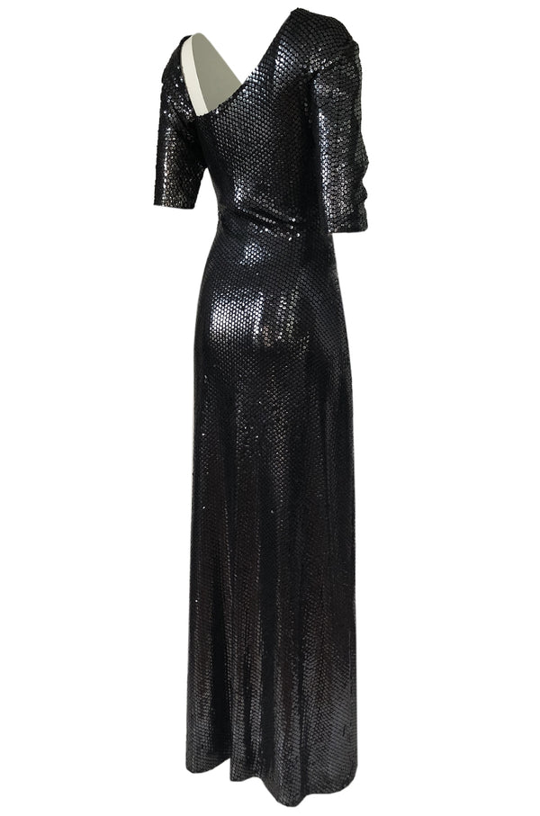 Iconic 1976 Halston Glossy Gunmetal Black Sequin Asymmetrical Full Length Dress