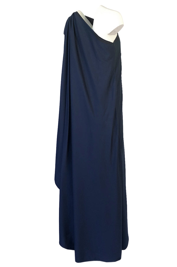 1978 Halston Deep Blue One Shoulder Draped Jersey Maxi Dress