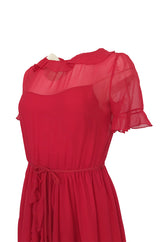 1970s Bill Blass Feather Light Red Ruffled Tiered Skirt Silk Chiffon Dress