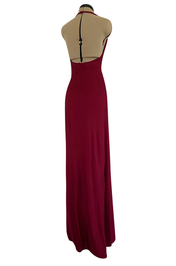 Important 1975 Halston Couture Deep Burgundy Front Wrap & Tie Silk Jersey Plunge Dress