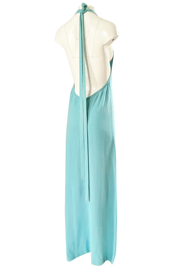 Important 1974 Halston Turquoise Cashmere Extremely Low Back Halter Dress