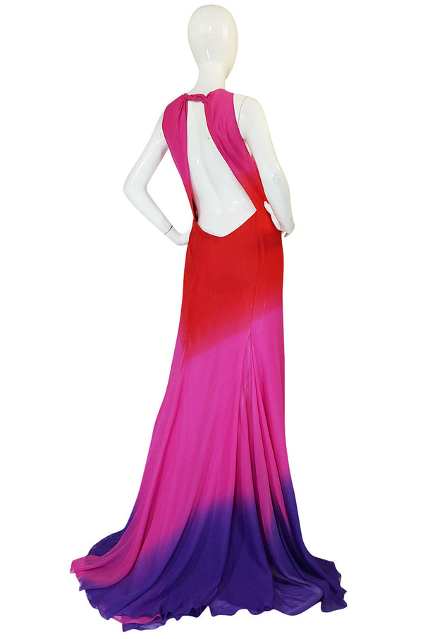 F/W 2002 Runway Versace Pink Ombre Backless Silk Chiffon Dress