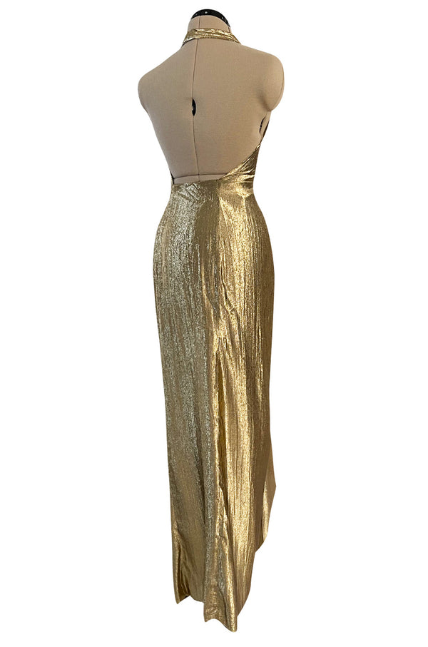 Iconic Fall 1980 John Anthony Couture Plunge Front Gold Lame Halter Dress w Bare Back