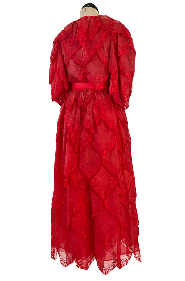 1980s Unlabeled Nina Ricci by Girard Pipard Haute Couture Red Silk & Net Leaf or Petal Dress