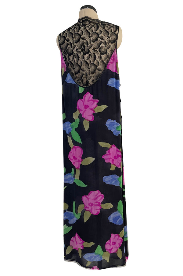 Custom 1970s James Galanos Floral Print Silk Chiffon Dress w Deep Plunging Black Lace Inserts