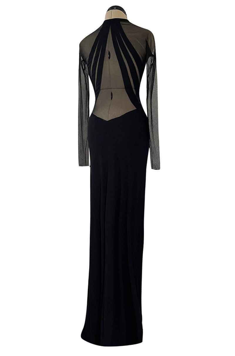 Spectacular 2005 John Anthony Couture Black Stretch Jersey Dress w Curved Netted Cut Outs