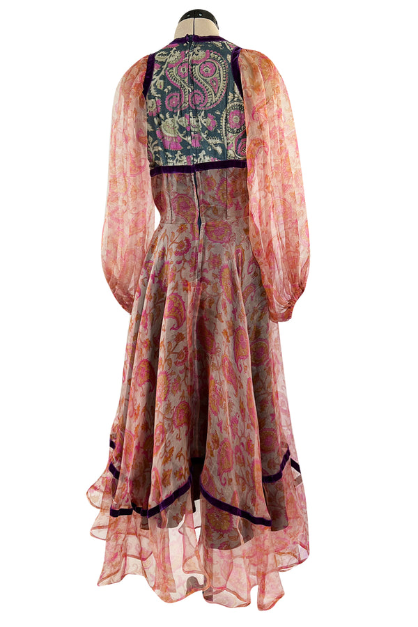 Rare 1968-71 Thea Porter Couture Unlabeled Silk Organza & Brocade Gipsy Dress w Balloon Sleeves