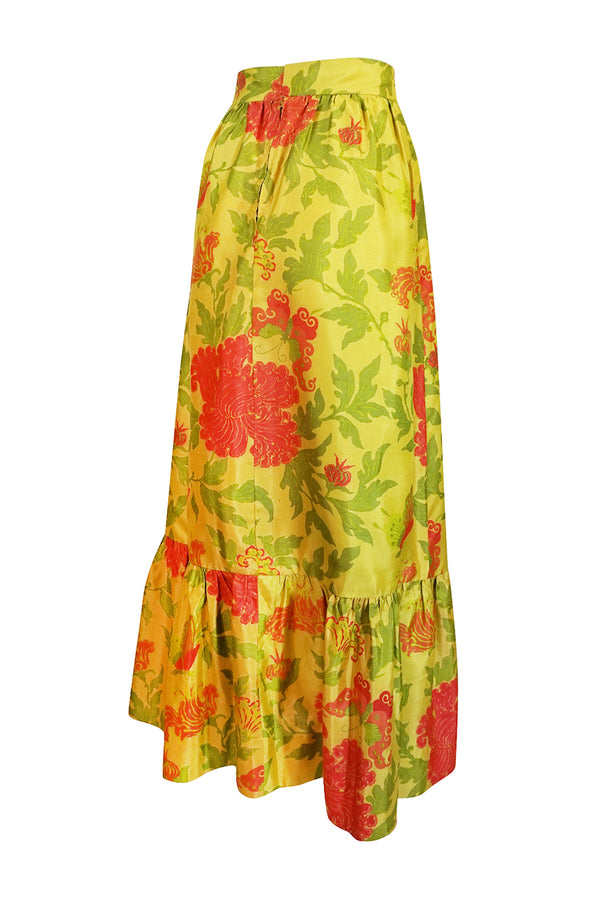 1960s Unlabelled Coral & Green Floral Print on Yellow Silk Skirt