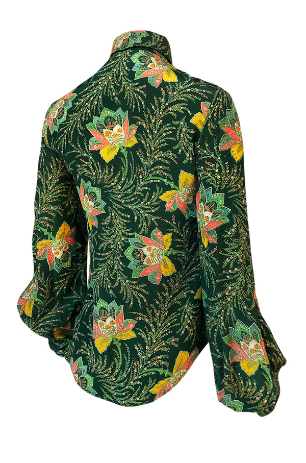 1970s Jeff Banks Green Floral Print Balloon Sleeve Silk Shirt