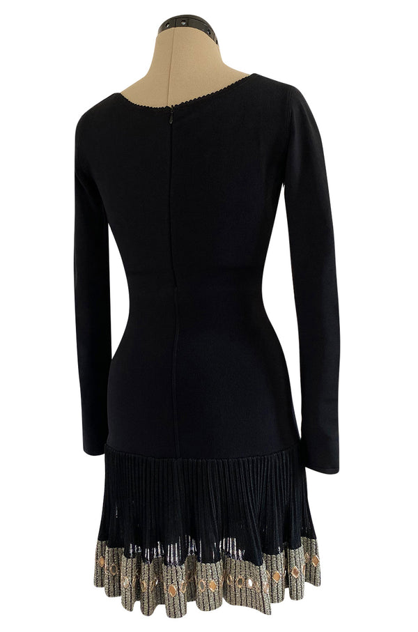 Early 1990s Azzedine Alaia Black Knit Couture Dress w Beaded Hem & Hand Placed Mirrors