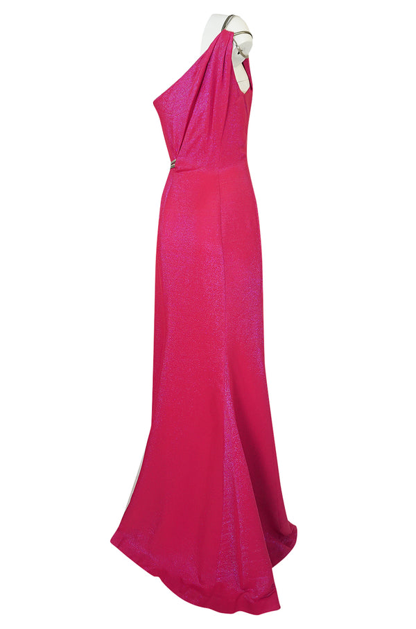 1990s Thierry Mugler Couture Bright Pink Metallic Lurex One Shoulder Dress w High Slit