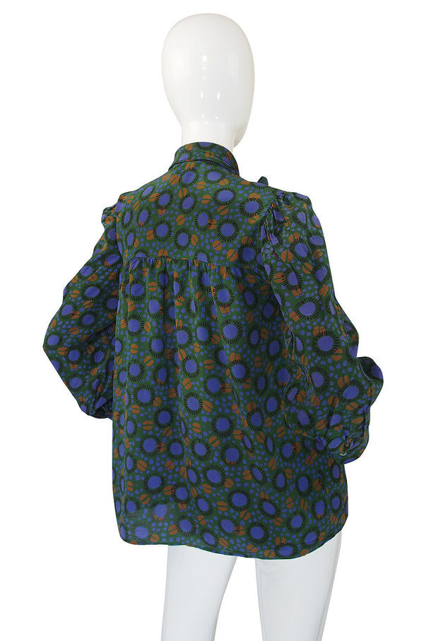 1970s Yves Saint Laurent Green Print Silk Top