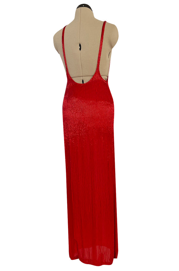 Showstopping Fall 1975 John Anthony Couture Deep Plunging Red Dress Entirely Covered in Glass Beads