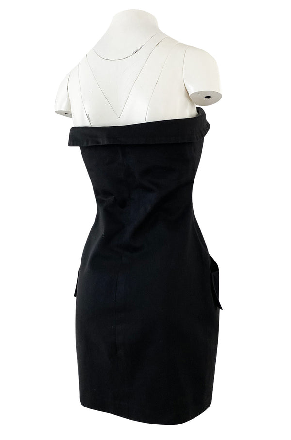 Spring 1985 Yves Saint Laurent Black Cotton Button Front Strapless Mini Dress w Pockets