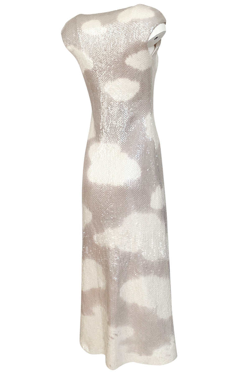 Iconic 1973 Halston Cloud Dress in Silver Grey & Ivory Covered with Iridescent Sequins