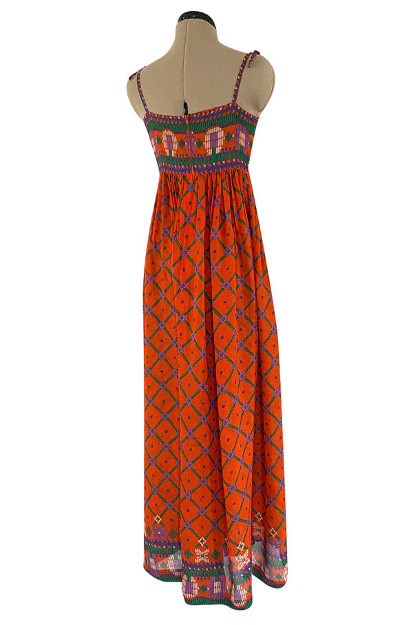 Numbered 1970s Lanvin Couture Fine & Light Silk Crepe Chiffon Printed Orange Sun Dress