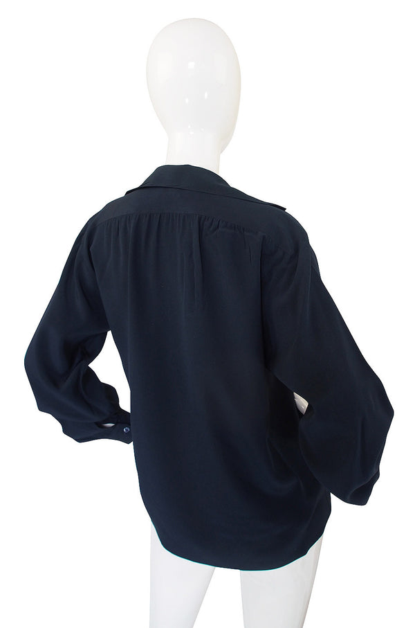 1970s Navy Silk Yves Saint Laurent Top