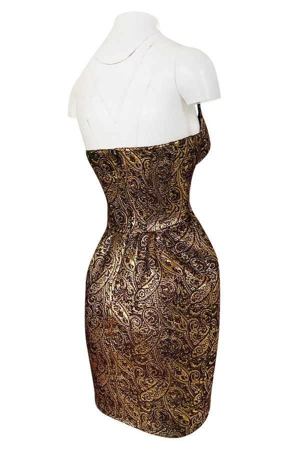 Documented Fall 1997 Thierry Mugler Gold Bronze Brocade Strapless Dress w Formed Pointed Cups