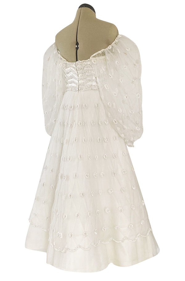 Documented 1979 Loris Azzaro Off Shoulder Balloon Sleeve White Net Dress w Chenille Detailing