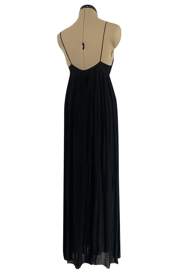 1970s Chloe by Karl Lagerfeld Black Silk Chiffon Tiny Knife Pleated Empire Bodice Dress