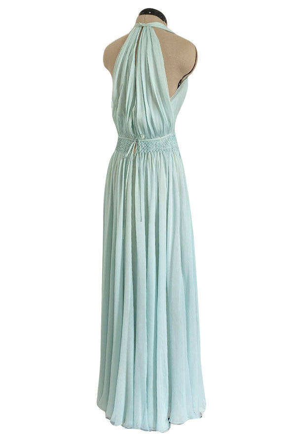 Spring 1976 Chanel Haute Couture Pale Turquoise Silk Chiffon Dress w PinTuck Gathered Front