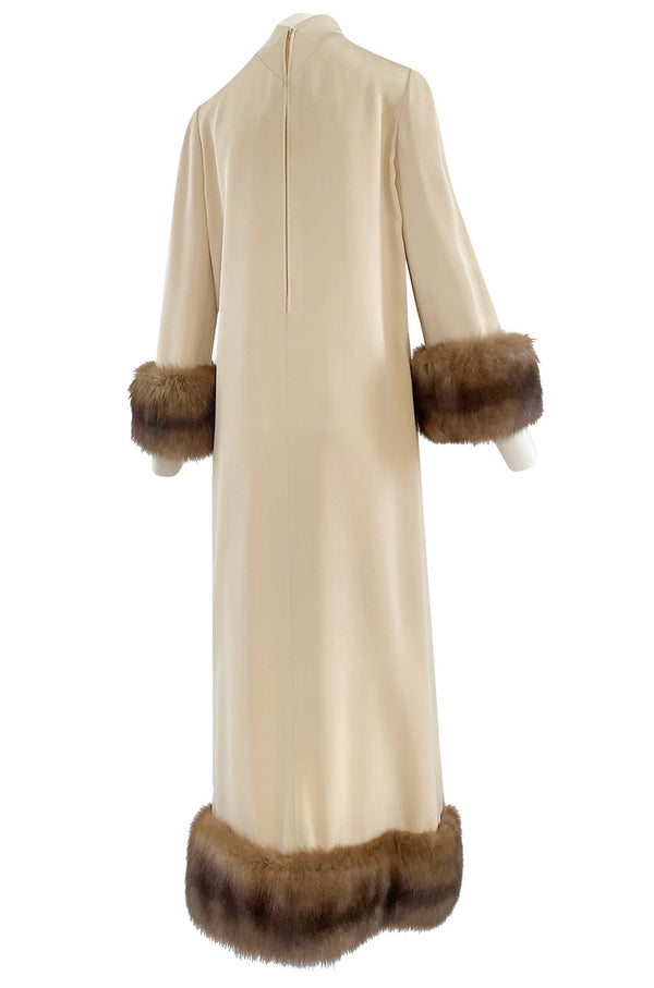 Fall 1966 Norman Norell Couture Ivory Silk Crepe Dress w Natural Mink Cuffs & Hem Detailing