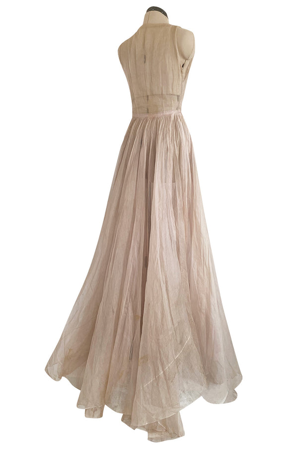 Rare Late 1940s Jacques Fath Pale Nude Silk Organza Dress w Full Skirt & Plunge Front